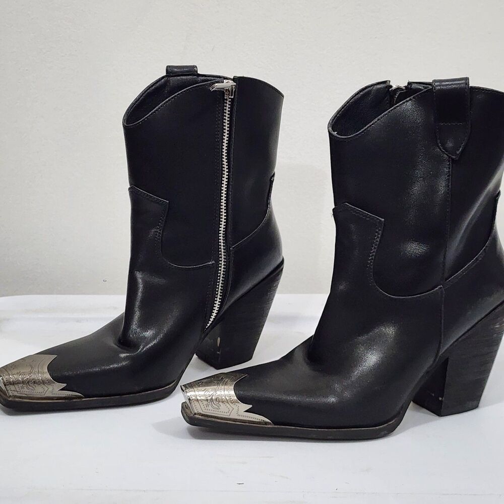 Fashion Nova Western Cowboy Boot Black Faux Leather Stack Heel EUR 37 US 6-6.5 - Picture 10 of 16